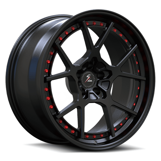 17 inch satin black forged wheels with Y spoke design, featuring a super concave profile and rivets, ideal for aftermarket rims.