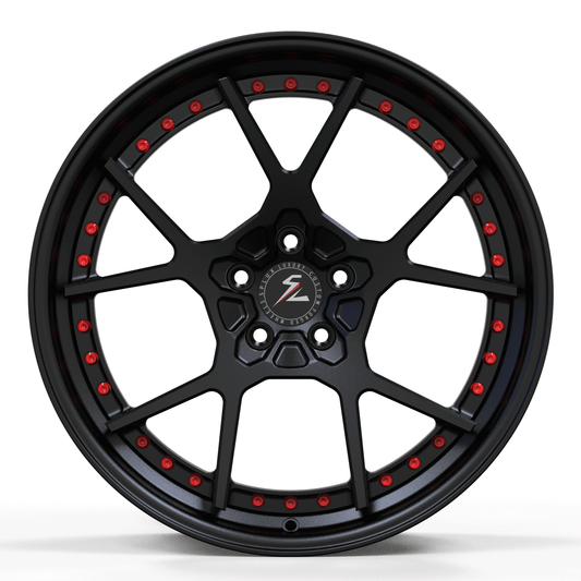 Close-up of 2-piece satin black forged wheels with Y spoke design, showcasing super concave shape and rivets, suitable for 17-24 inch rims.