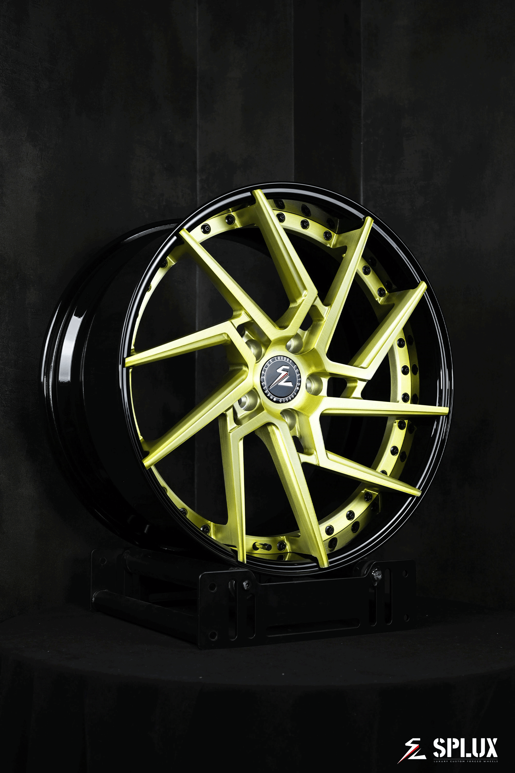 Super concave 19 x 8.5 brushed gold wheels with floating spokes for 2020 Corvette C8 Z51, emphasizing rotational design.