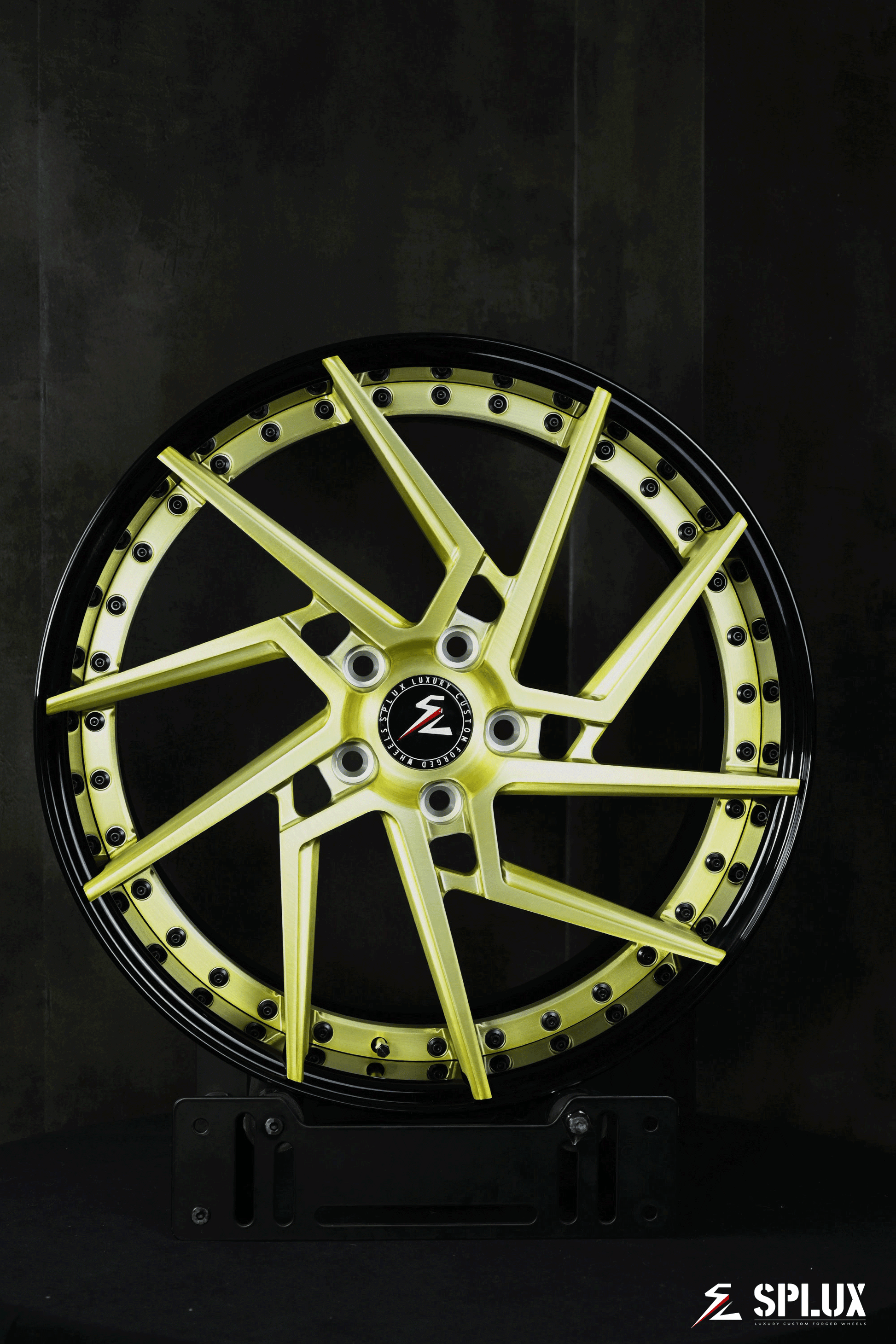 Detailed view of 19 x 8.5 brushed gold wheels with floating spokes on 2020 Corvette C8 Z51, featuring a super concave profile.