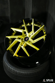 Close-up of 19 inch super concave brushed gold wheels for 2020 Corvette C8 Z51, with custom center caps and floating spoke design.